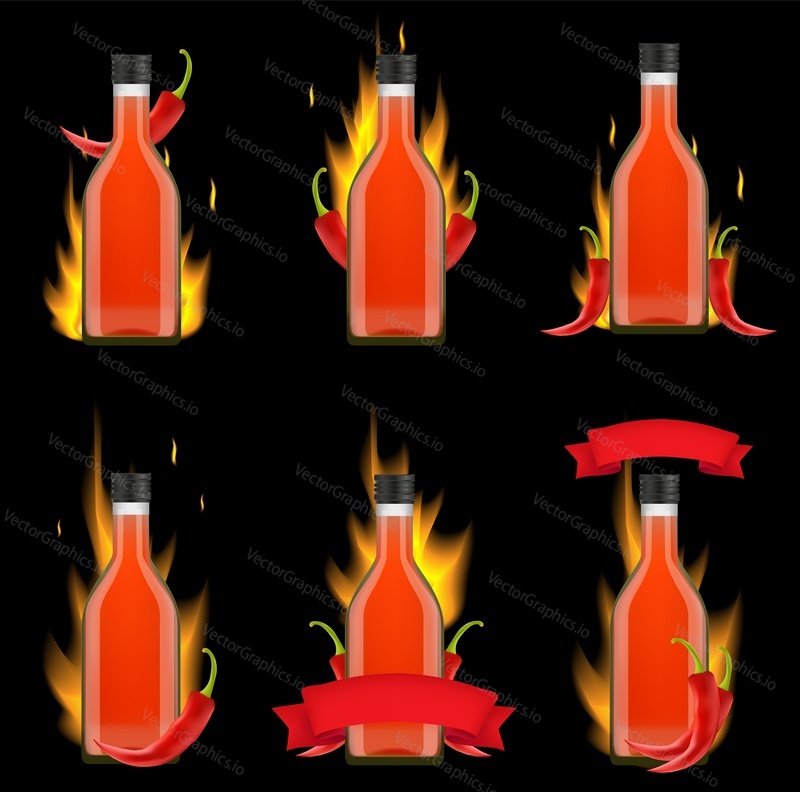 Tabasco omáčka láhev balení maketa set. Vektorové realistické ilustrace horké omáčky skleněných lahví s červeným chilli cayenne pikantní pepř, plamen, stuhy.