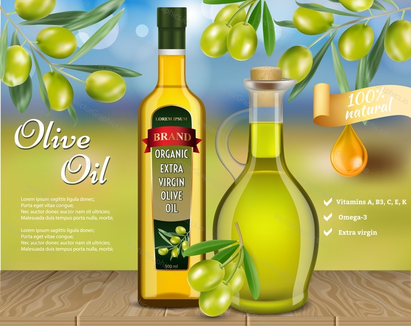 Olivový olej reklamní šablona. Vektor realistický olivový olej skleněná láhev a džbán s olivovými ratolestmi a kopírovat prostor.