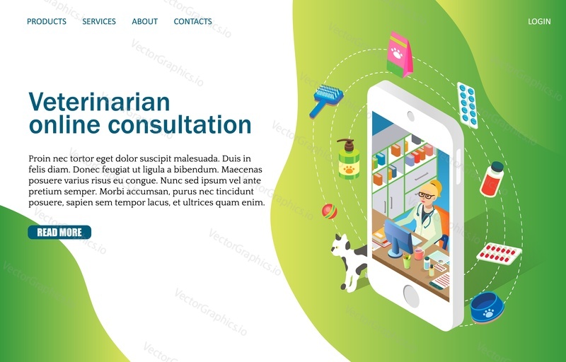 Векторный шаблон веб-сайта Vet online, дизайн веб-страницы и целевой страницы для разработки веб-сайтов и мобильных сайтов. Концепция онлайн-консультации ветеринара.