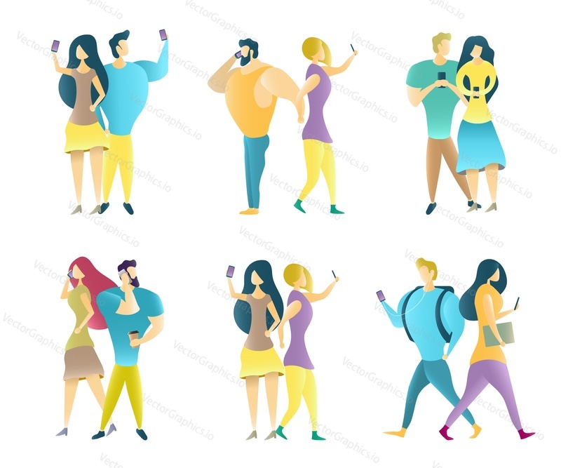Páry používající mobilní telefony. Vektorové ilustrace izolovaných na bílém pozadí. Mladé páry mluví, poslech hudby, pořizování selfie, e-mailem, textové zprávy na cestách.