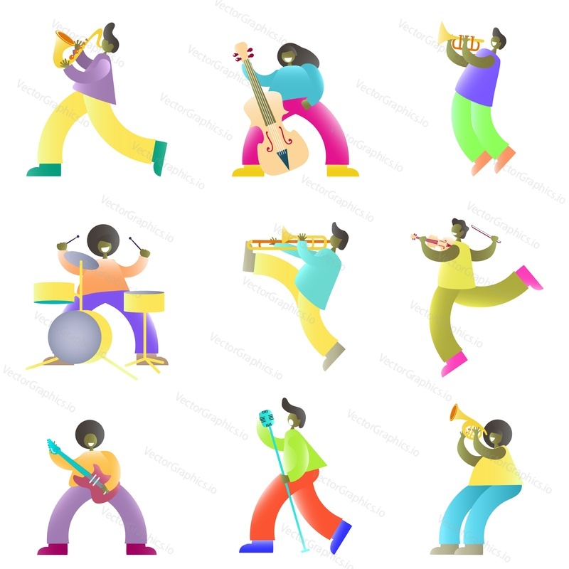 Jazz band cartoon characters. Vector illustration isolated on white background. Musicians playing guitar, drums, trombone, trumpet, saxophone, violin, double bass. Singer singing with microphone.