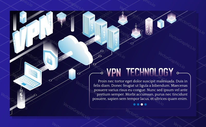 Абстрактный фон технологии VPN. Векторная изометрическая виртуальная серверная комната, облачные данные, пользовательское устройство ноутбука, экран со значком защиты данных с висячим замком и пространство для копирования.