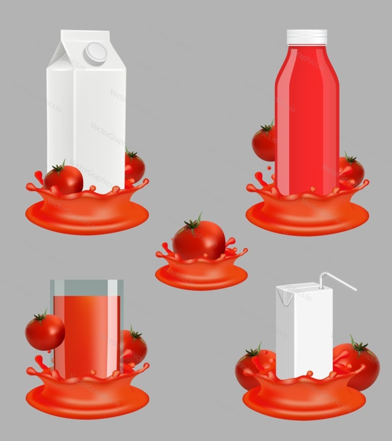 Tomato juice package mockup set. Vector realistic illustration of natural vegetable juice in glass, plastic bottle and carton pack with liquid splash, ripe fresh tomatoes.