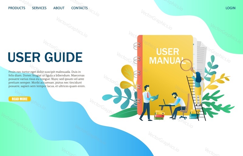 User guide vector website template, web page and landing page design for website and mobile site development. User manual concept.