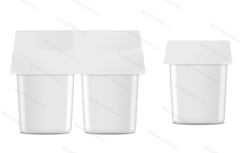 Natural yogurt vector realistic package mockup set. White blank plastic containers for dessert, yogurt isolated on white background.