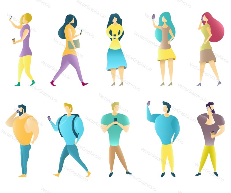 Skupina mužů a žen používajících mobilní telefony. Vektorové ilustrace izolovaných na bílém pozadí. Lidé mluví, poslouchají hudbu, pořizují selfie, e-mailem, textové zprávy na cestách.