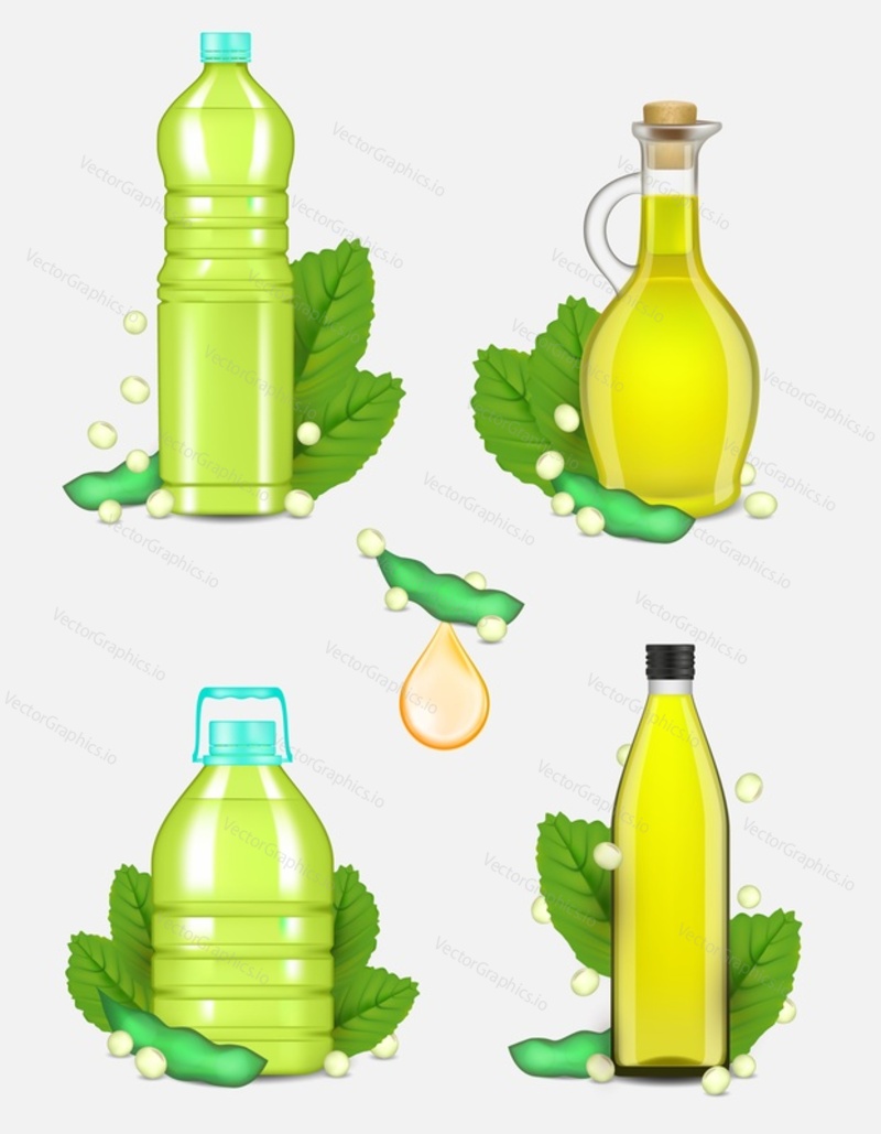 Sada sójového oleje. Vektorové realistické ilustrace rostlinného sójového oleje plastových a skleněných lahví se sójovými boby a listy.