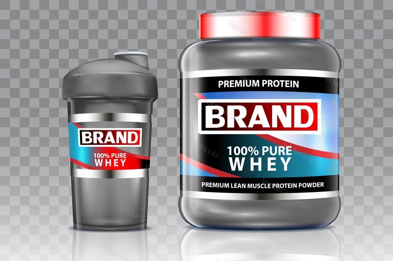 Syrovátkový protein a sportovní koktejl Shaker mock up set. Vektorové realistické ilustrace izolované na průhledném pozadí. Proteinový prášek sportovní výživa značka produktu obalová šablona.