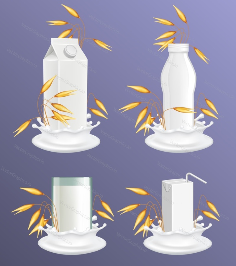 Oat milk package mockup set. Vector realistic illustration of healthy vegan milk in glass, white blank plastic bottle and carton paper pack with liquid splash and oat ears.