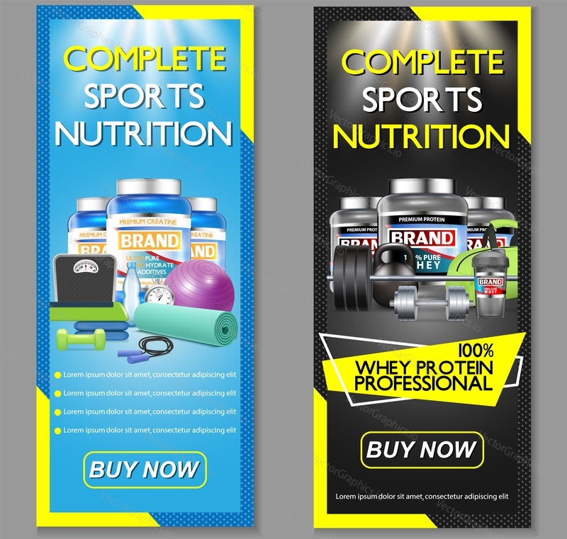 Kompletní sportovní výživa vektorové vertikální banner set. Sportovní výživové doplňky syrovátkový protein a kreatin Prášek značky reklamní webové šablony.