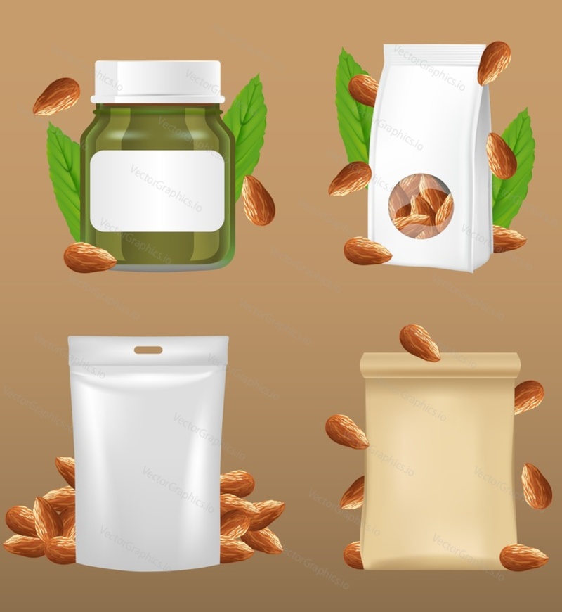 Almond nut snack package mockup set, vector realistic illustration. Glass jar, blank kraft paper foil snack packaging templates. Food doypack stand up flexible pouch sachet bag with zipper, hang slot.