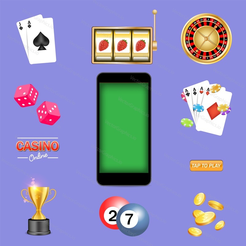 Mobilní, pohybliví Kasino kit, vektorové izolované ilustrace. Smartphone, Ruleta, Hrací karty, výherní automaty, pokerové žetony, kostky, dolarové mince a trofejní pohár. Online gambling icon set pro web, plakát, banner