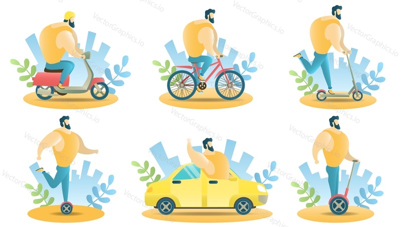 Městská doprava k pronájmu, vektorové ilustrace izolovaných na bílém pozadí. Cool kreslená postavička vousy muž na koni elektrický skútr, kolo, tlačit skútr, gyroscooter, segway a řízení auta.