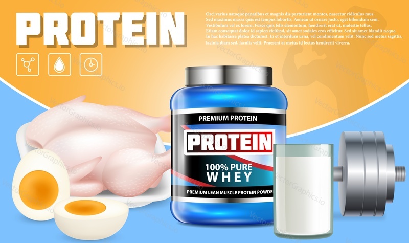 Proteinové produkty reklamní šablona. Vektorové realistické ilustrace syrovátkový protein prášek obal balení design šablony, sklenice proteinový koktejl, kuřecí maso, vejce a silový trénink činka.