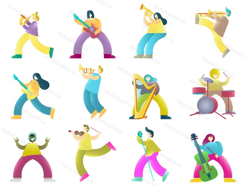 Musicians cartoon characters, vector illustration isolated on white background. People singing, listening to music and playing guitar drums trombone trumpet saxophone violin double bass french horn.