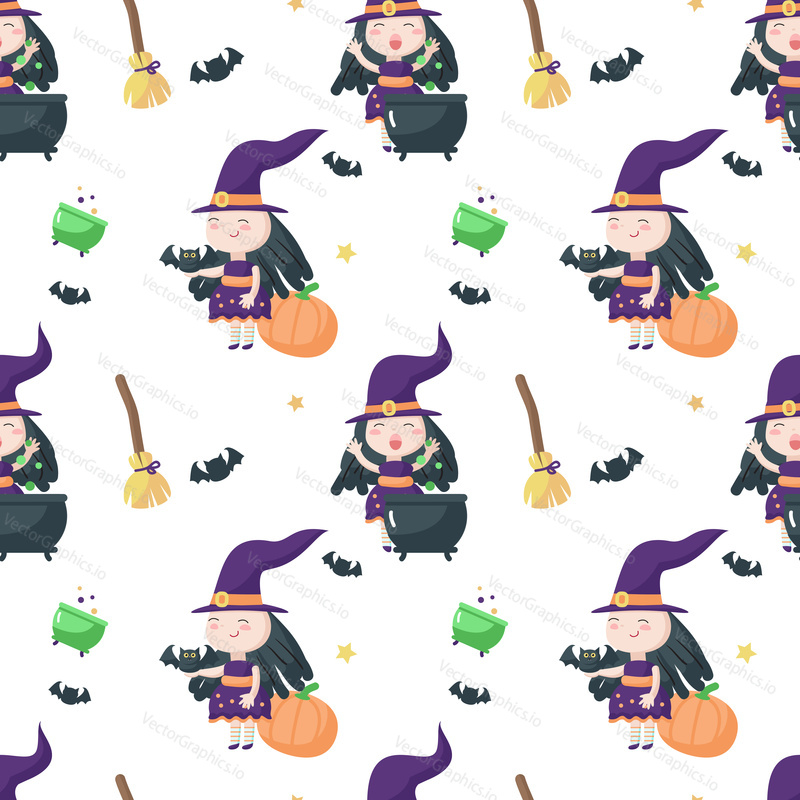 Vektorové bezešvé vzor s roztomilou čarodějnicí připravuje kouzelný lektvar v kotli a košťata, dýně, netopýři kolem ní. Halloween pozadí, tapety, tkanina, balicí papír.