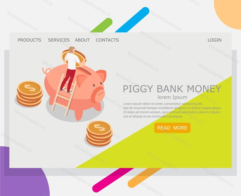 Векторный шаблон веб-сайта Piggy bank money, дизайн веб-страницы и целевой страницы для разработки веб-сайтов и мобильных сайтов. Экономия денег, концепции финансовых инвестиций.