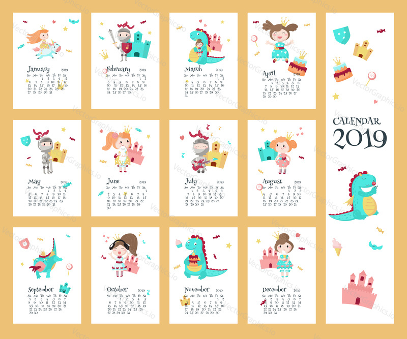 Year 2019 calendar vector template. Yearly calendar showing months with fairytale medieval cartoon characters knight, princess, dragon, cute mythical unicorn. Week starts on Sunday.