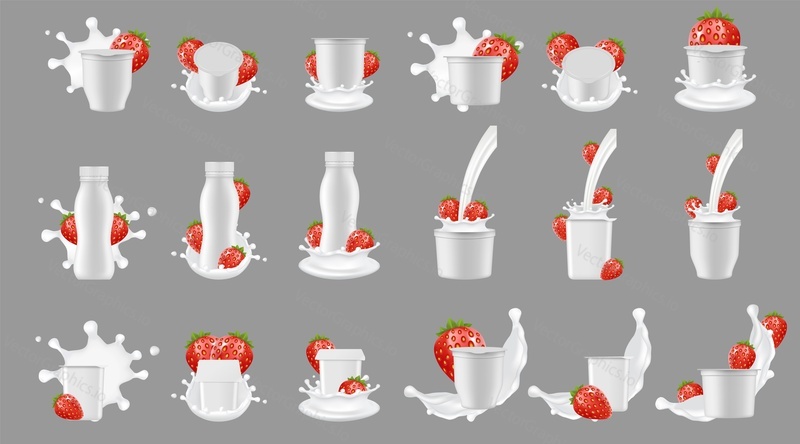 Strawberry yogurt package with splash mockup set. Vector realistic white blank plastic bottle cup container for dessert, yoghurt, fresh strawberry and milk splashing and pouring.