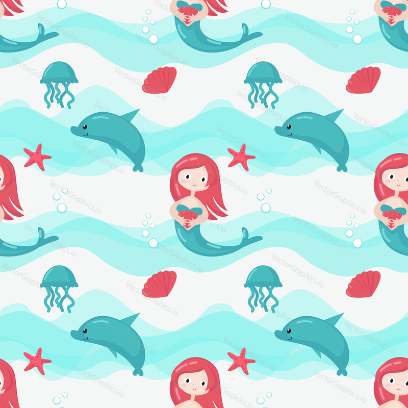 Vector seamless pattern with cute mermaids and marine animals. Beautiful swimming girls with jellyfish, starfish, seashell and dolphin. Childish mermaid background, wallpaper, fabric, wrapping paper.