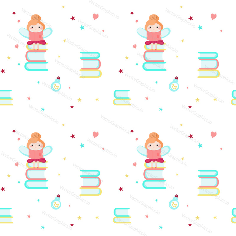 Vector seamless pattern with cute little girls, mythical creatures and fairy tale characters with wings reading book. Childish fairy background, wallpaper, fabric, wrapping paper.