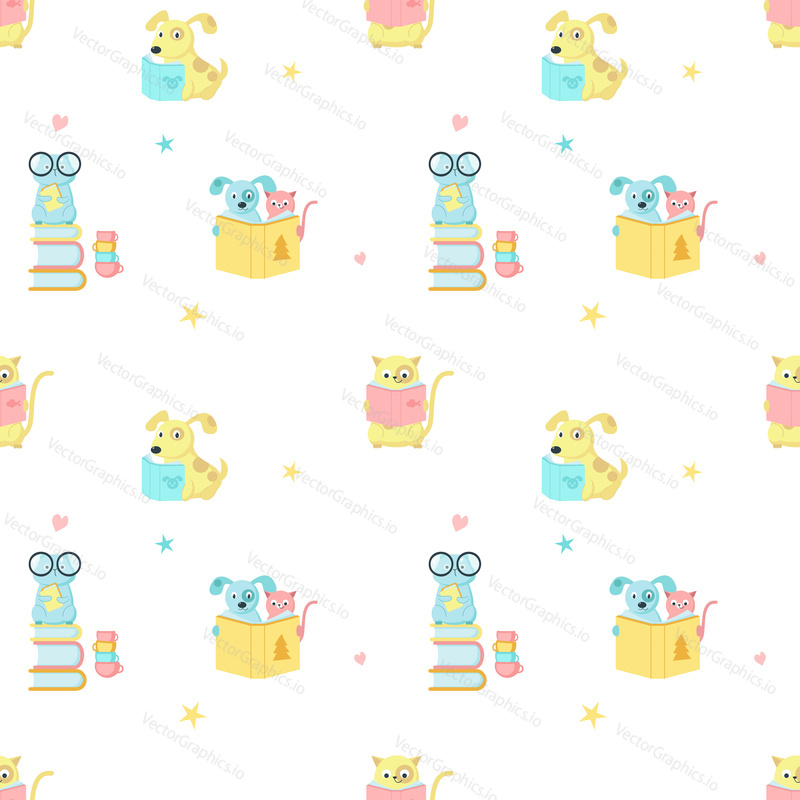 Vector seamless pattern with cute cat, dog and hamster reading books. Funny reading animals background, wallpaper, fabric, wrapping paper.