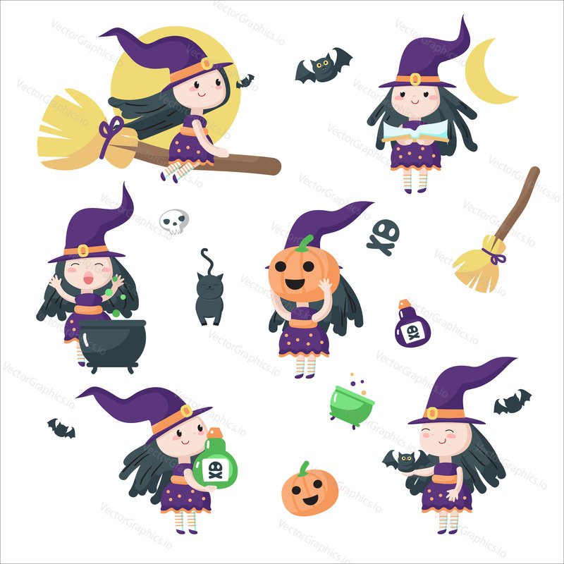 Roztomilé čarodějky jezdící na koštěti, příprava lektvaru ve vroucím kotli atd. Vektorové ilustrace izolovaných na bílém pozadí. Halloween čarodějnice pro pozvánku na večírek, plakát, nálepka, tisk.