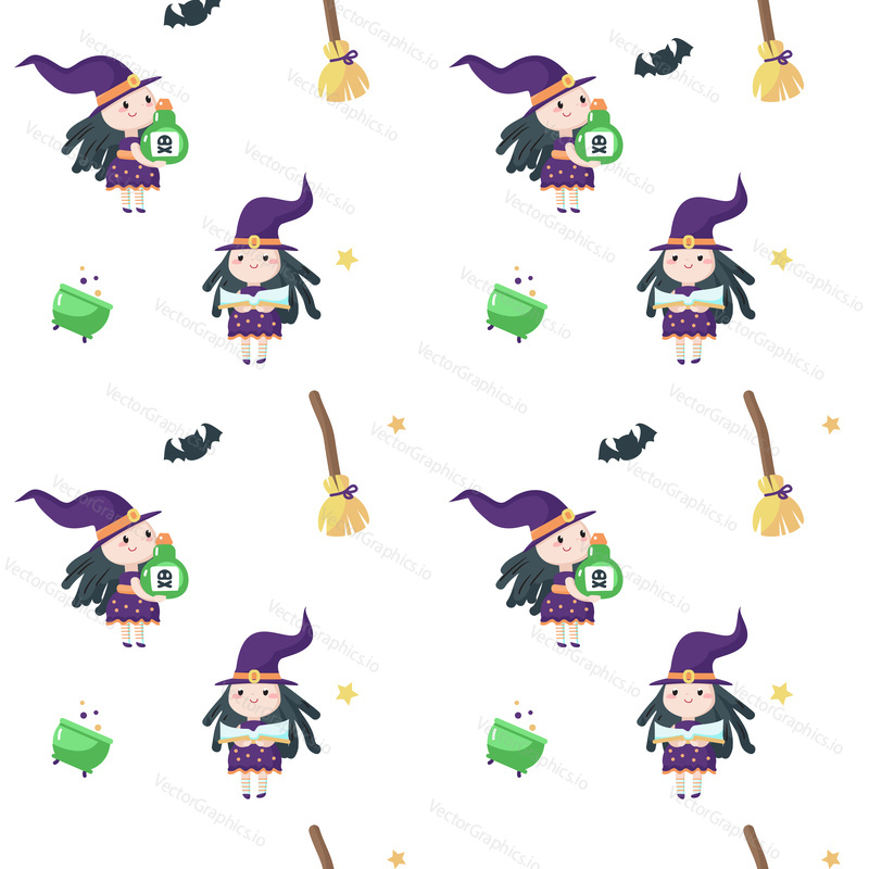 Vektorové bezešvé vzor s roztomilou čarodějnicí čtení kouzelné knihy, držení lektvar láhev a košťata, kotle, netopýři kolem ní. Halloween pozadí, tapety, tkanina, balicí papír.