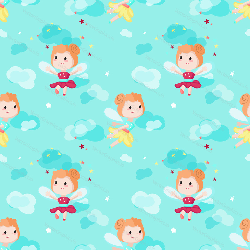 Vector seamless pattern with cute little girls, mythical creatures and fairy tale characters with wings flying in the sky. Childish fairy background, wallpaper, fabric, wrapping paper.