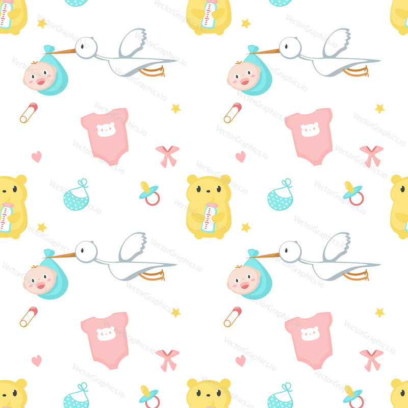 Vector seamless pattern with cute bear holding milk bottle, stork with newborn, baby clothes and accessories. Baby shower background, wallpaper, fabric, wrapping paper.