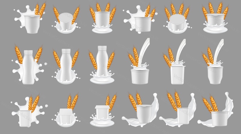 Cereal yogurt package with milk splash mockup set. Vector realistic white blank plastic bottle cup container for dessert, yoghurt with wheat ears and milk splashing and pouring.