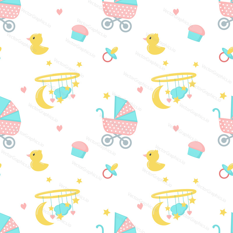 Vector seamless pattern with baby stroller, soothers and toys. Baby shower background, wallpaper, fabric, wrapping paper.