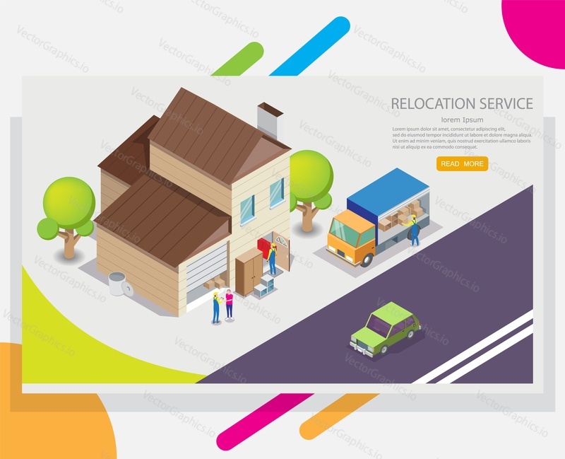 Relocation service web banner design template. Vector isometric new house, loaders unloading furniture and carton boxes from delivery truck. Moving, transportation, home removal concepts.