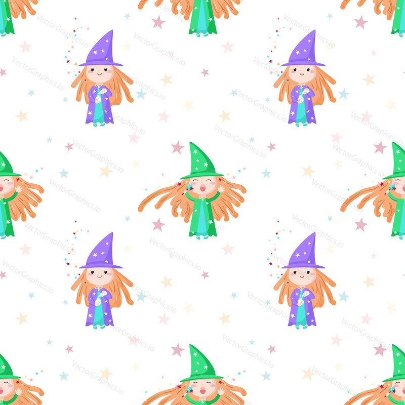 Vector seamless pattern with cute little girls, mythical creatures and fairy tale characters doing magic with magic wand and potion. Childish enchantress background, wallpaper, fabric, wrapping paper.