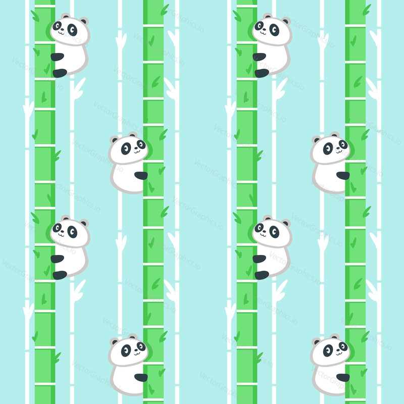 Vector seamless pattern with cute panda climbing bamboo tree. Funny animals background, wallpaper, fabric, wrapping paper.