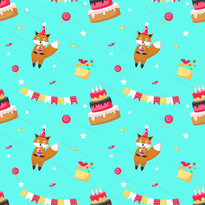Vector seamless pattern with cute fox wearing party hat, holding cake and gift boxes, lollipops, garlands party pennants. Happy birthday background, wallpaper, fabric, wrapping paper.
