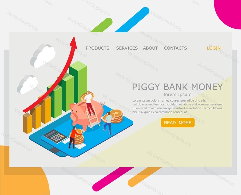 Векторный шаблон веб-сайта Piggy bank money, дизайн веб-страницы и целевой страницы для разработки веб-сайтов и мобильных сайтов. Концепции банковского вклада, инвестиций в бизнес, сберегательных фондов.