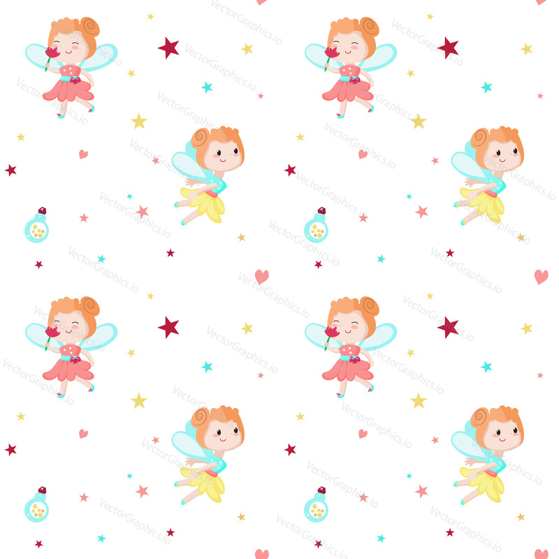 Vector seamless pattern with cute little girls, mythical creatures and fairy tale characters with wings holding flower and flying. Childish fairy background, wallpaper, fabric, wrapping paper.