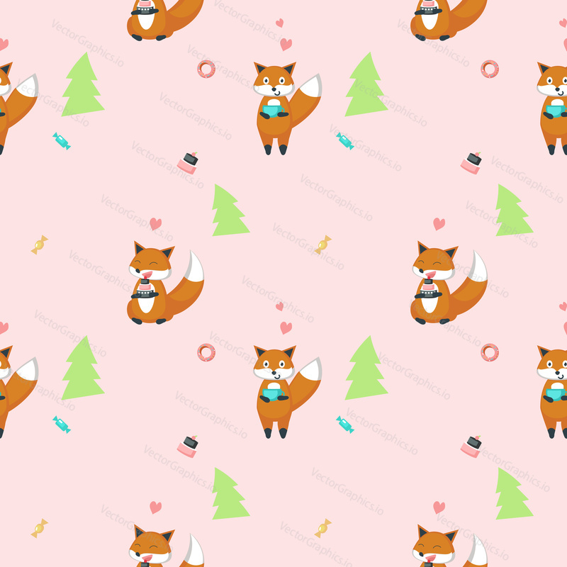 Vector seamless pattern with cute foxes with cake and cup of tea. Funny animals background, wallpaper, fabric, wrapping paper.