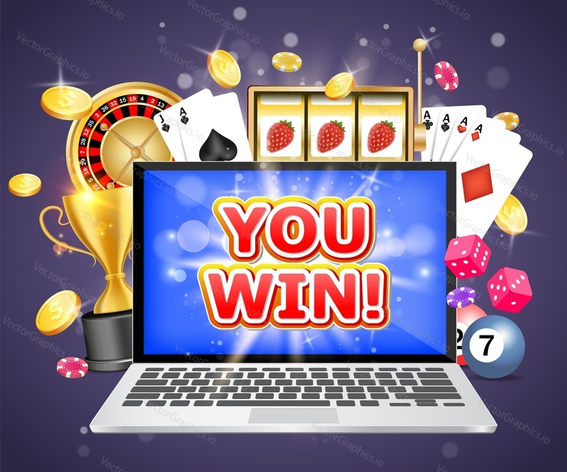 You win casino vector poster banner design template. Laptop, roulette wheel, playing cards, slot game, poker chips, dices, dollar coins, trophy cup. Online gambling, internet casino winner concept.