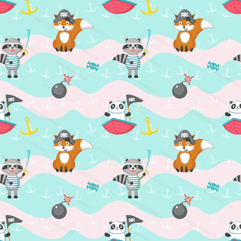 Vector seamless pattern with cute fox, raccoon and panda with pirate captain hat, eye patch, flag, sword etc. Childish pirate background, wallpaper, fabric, wrapping paper.