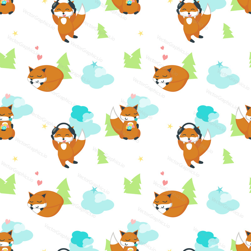 Vector seamless pattern with cute foxes holding flowers, sleeping, listening to music. Funny animals background, wallpaper, fabric, wrapping paper.