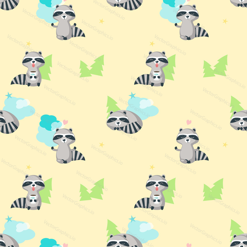 Vector seamless pattern with cute raccoons taking rest while drinking coffee, sitting in yoga pose and lying. Funny raccoon background, wallpaper, fabric, wrapping paper