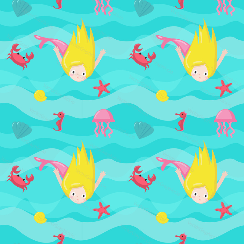 Vector seamless pattern with cute mermaids, marine animals. Beautiful swimming girls with crab, jellyfish, starfish, seashell seahorse. Childish mermaid background, wallpaper, fabric, wrapping paper.