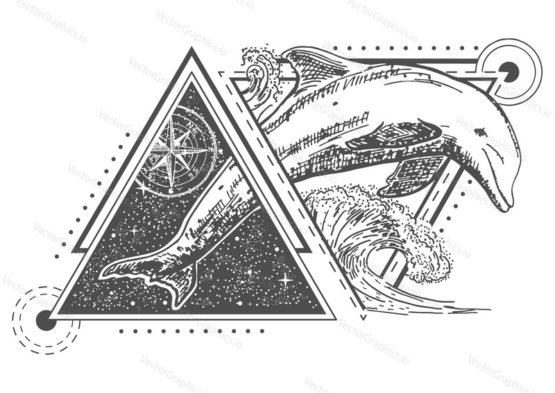 Dolphin tattoo art style. Vector geometric tattoo sketch. Vintage hand drawn compass rose and beautiful ocean dolphin. Love, friendliness, good luck symbols.