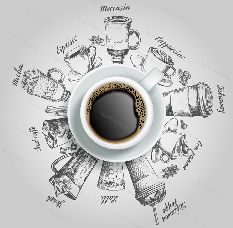 Vector realistic top view cup of coffee with hand drawn doodle coffee drinks around it. Sketch vintage coffee background.