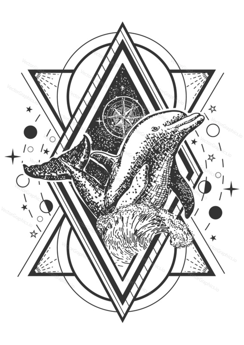 Dolphin tattoo art style. Vector geometric tattoo sketch. Vintage hand drawn compass rose and beautiful ocean dolphin.