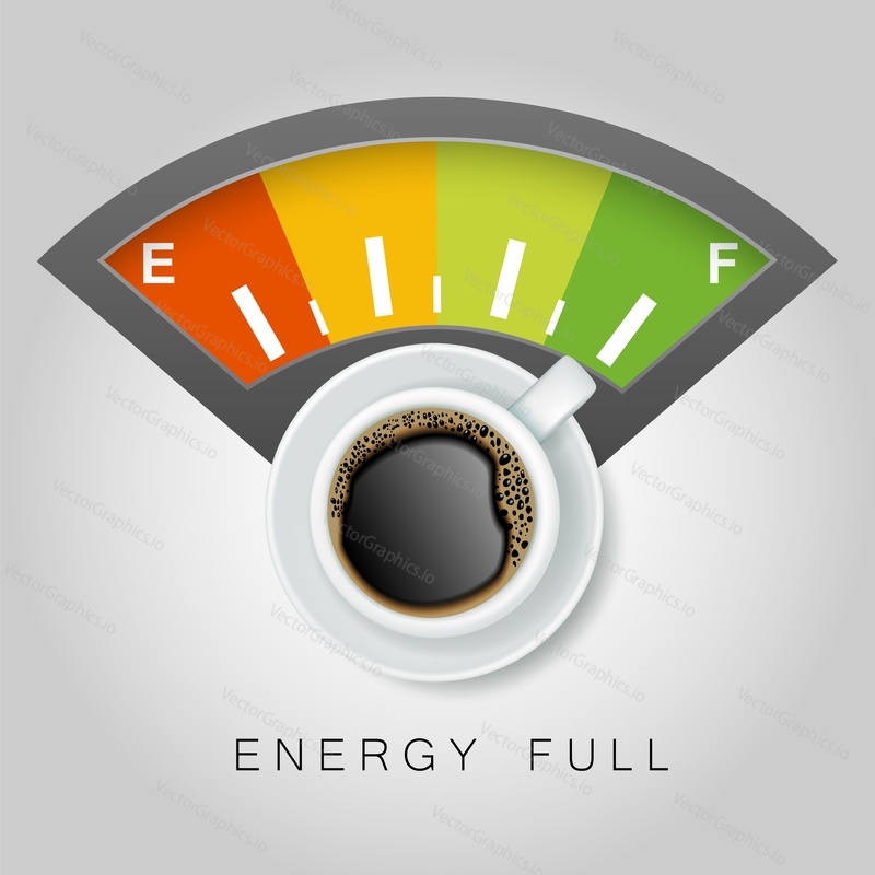 Coffee energy concept vector realistic illustration. Top view cup of coffee. Energy full lettering. Coffee poster, flyer design template.
