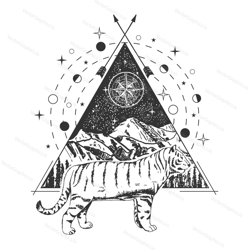 Tiger tattoo art style. Vector geometric tattoo sketch. Vintage hand drawn tiger, mountains, forest, compass star, crossed arrows.