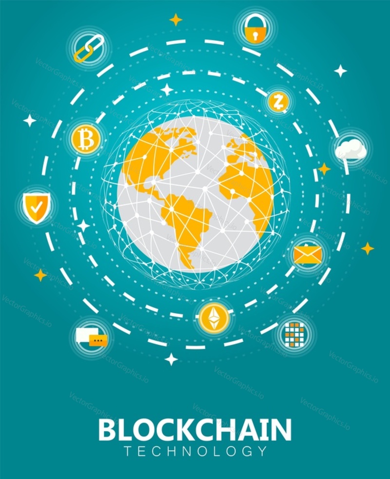 Blockchain digitální tech koncept vektorové ilustrace. Banner pro kryptoměny a blockchainové síťové technologie, šablona návrhu plakátu.